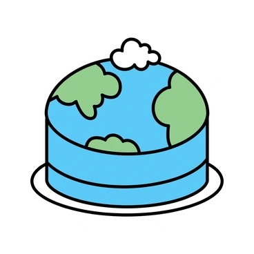 A round cake with multiple layers, featuring blue icing that represents the oceans. The icing is smooth and shiny, creating a realistic water effect. The continents are made of green icing, shaped to mirror the outlines of Earth's landmasses. Small details, like white icing for clouds, are added on top to enhance the design. The cake is placed on a white plate, with a simple background to emphasize its colors and textures.