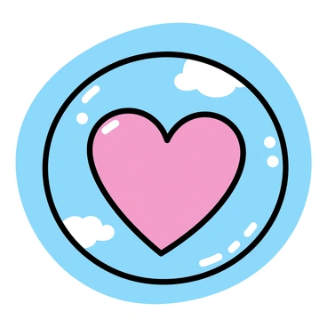 A "red heart" is enclosed within a "fragile soap bubble." The bubble, reflecting a spectrum of colors, is floating gently in the air. The background features a "clear blue sky" with soft, white clouds. The sunlight casts a soft glow on the bubble, highlighting its delicate surface.