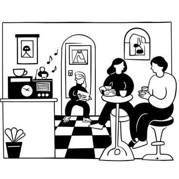 A retro cafe interior featuring checkered floors and wooden tables. There is a vintage radio placed on a counter, with musical notes floating around it to suggest sound. Several patrons are sitting at the tables, each holding cups of coffee. One patron is reading a newspaper, while another is engaged in conversation. A wall is adorned with old photographs and retro posters, enhancing the nostalgic atmosphere. A potted plant sits in the corner, adding a touch of greenery to the scene.