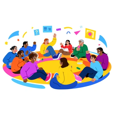 A diverse group of children sitting in a vibrant circle on a colorful rug. Each child has a look of excitement on their faces as they eagerly participate in a fun quiz game. Some children are raising their hands, while others are leaning forward in anticipation. There are various objects scattered around them, such as quiz cards and small prizes. The room is filled with bright decorations and educational posters on the walls, enhancing the lively atmosphere of the game.
