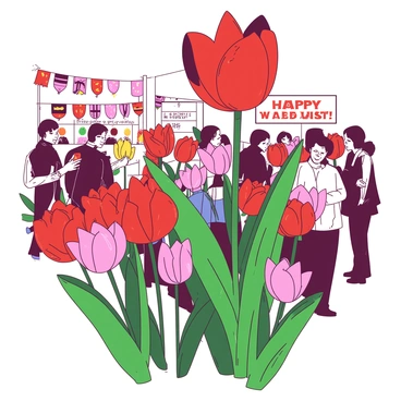 A red tulip stands tall among a variety of other tulips in a colorful arrangement. Each tulip has unique patterns and colors, including stripes and fringed edges. Surrounding the tulips are green leaves that enhance their vibrant hues. The scene is bustling with visitors admiring the flowers, some taking pictures while others take notes on their favorite varieties. In the background, there are decorative banners celebrating the festival, adding to the lively atmosphere.