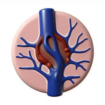 A detailed view of human veins showcasing their intricate structure. The veins are depicted in a rich, deep blue color, demonstrating the flow of blood within them. Some veins are shown with thin walls while others are thicker, illustrating the varying sizes. The surrounding tissues are depicted in a lighter tone to provide contrast. Red blood cells are visible flowing smoothly within the veins, emphasizing the movement of blood. The overall composition focuses on the complexity and connectivity of the venous system in the human body.