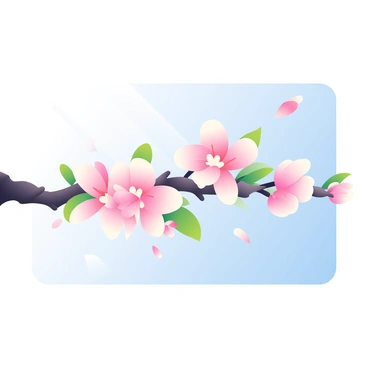 A branch of cherry blossoms in full bloom extends across the image. The flowers are delicate pink with soft white edges, creating a vibrant contrast against the clear blue sky. The branch is dark brown and textured, showcasing its natural curves and bends. Light filters through the blossoms, casting gentle shadows on the petals and adding depth to the scene. A few petals are scattered around, hinting at the gentle breeze that stirs the branch.