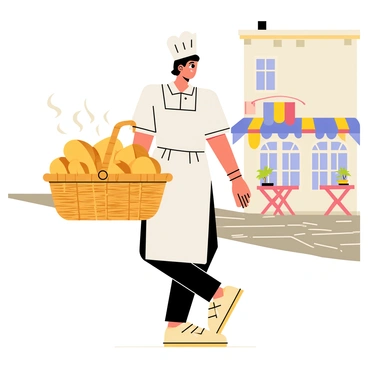 A baker wearing a white apron and a chef's hat is walking along a cobblestone street. He is carrying a large wicker basket filled with golden-brown, freshly baked rolls. The rolls are steaming slightly, indicating their warmth. In the background, a quaint local café with a colorful awning and small tables is visible. The sky is clear and bright, adding to the cheerful atmosphere of the scene.