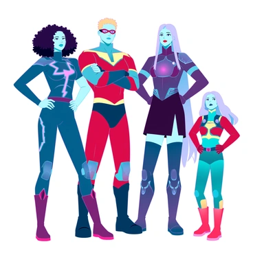 A diverse team of superheroes standing together, exuding confidence and readiness for action. Each hero has distinct features and costumes that reflect their unique powers. The first superhero, a tall woman with curly black hair, wears a sleek, metallic blue suit with glowing accents. Next to her, a muscular man with short blonde hair sports a vibrant red and yellow suit, adorned with lightning motifs. A slender individual with long, flowing silver hair and a dark purple outfit stands on the other side, their eyes glowing with energy. To complete the team, a short superhero with green skin and a playful expression wears a bright green and orange outfit, equipped with high-tech gadgets. They stand in a powerful formation, with their arms crossed or at their sides, ready to face any challenge. The background is a futuristic cityscape, hinting at their dynamic environment.