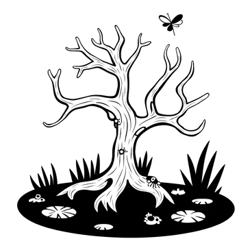 An old gnarled tree with twisted branches reaching out in various directions, its roots submerged in dark swamp water. The water is dotted with lily pads and surrounded by patches of tall reeds. Small creatures, such as frogs and insects, are scattered around the base of the tree, while dragonflies hover above the water's surface. The texture of the tree bark is rough and weathered, showcasing the passage of time. Various types of moss cling to its roots, adding to the sense of life surrounding it.