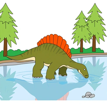 A large spinosaurus standing in a wide river, its long neck extended as it drinks water. The spinosaurus has a textured green and brown skin, with a prominent sail fin on its back. The water around its feet shows clear ripples, radiating outward from where it is drinking. Surrounding the river, tall trees with vibrant green leaves are reflected in the smooth surface of the water, creating a mirrored effect. The trees vary in height and shape, adding depth to the scene. A few small rocks are visible near the riverbank, partially submerged in the water.