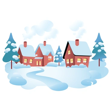A cozy village blanketed in snow, with soft white drifts covering the rooftops of quaint houses. Smoke is rising gently from several chimneys, creating wisps that curl into the crisp winter air. The village is adorned with evergreen trees dusted in snow, their branches heavy with the white layer. Warm light glows from the windows of the houses, suggesting warmth and comfort within. In the foreground, a winding pathway leads through the village, edged with small snow-covered bushes.