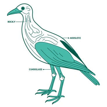 A detailed diagram of a bird is displayed, featuring both its skeletal and muscular systems. The skeletal system is outlined in white, showing the various bones such as the beak, wings, and legs. The muscular system is illustrated in teal, highlighting the muscles that control the wings and legs. Each bone and muscle is labeled clearly, with arrows indicating the movement of the wings and legs. The diagram serves as an educational tool, providing a clear distinction between the skeletal and muscular components of the bird.