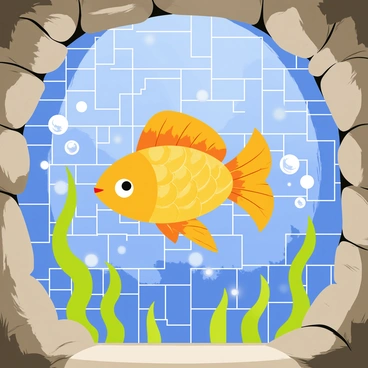 A colorful mosaic on a stone wall inside an underwater cave. The mosaic features a rare Magikarp in the center, detailed with vibrant orange and gold scales. Surrounding the Magikarp are various shades of blue tiles that represent water, along with green tiles that suggest the presence of seaweed. Bubbles can be seen rising around the edges of the mosaic, adding to the underwater feel. The cave walls are rugged and uneven, creating a natural frame for the artwork.