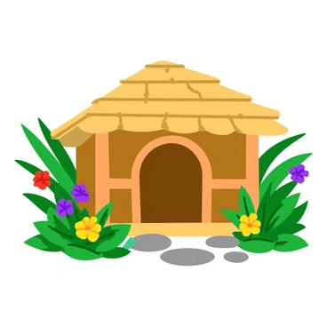 A rustic bamboo hut with a thatched roof is surrounded by a variety of tropical plants and vibrant flowers. The hut has wooden beams and a natural finish, giving it an earthy appearance. Lush green leaves and colorful blossoms in shades of red, yellow, and purple frame the structure. A small pathway made of stones leads up to the entrance of the hut, inviting exploration. The scene is filled with bright sunshine that casts playful shadows from the foliage.