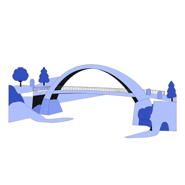 An elegant bridge features an arched design resembling a parabola. The bridge spans across a calm river, its arch gracefully rising at the center. The structure is supported by sturdy pillars on either side, allowing for ample clearance beneath. The pathway of the bridge is wide, inviting pedestrians to walk across. There are railings along the edges for safety. In the background, there are trees lining the riverbank, adding to the tranquil setting. The scene is serene and balanced, showcasing the harmonious design of the bridge against the natural landscape.
