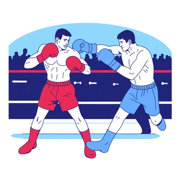 Two boxers are in a boxing ring, engaged in a dynamic match. One boxer, wearing red gloves, is in the midst of throwing a powerful punch, his muscles taut and focused. The other boxer, wearing blue gloves, is hunched slightly, adopting a defensive stance with his arms raised to guard his face. The intensity of the moment is palpable as both athletes are fully engaged in the competition. The ring is surrounded by a cheering crowd, and bright lights illuminate the scene, highlighting the action.