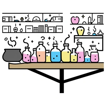 A wizard's laboratory features a large wooden table covered in various "bubbling potions" in different shaped glass bottles. Each potion emits a colorful glow and steam. In the background, there are "shelves lined with mystical artifacts," including a crystal ball, ancient scrolls, and small enchanted trinkets. The walls are adorned with "bookshelves filled with leather-bound books" and magical symbols. A "cauldron" sits in one corner, with smoke rising from it, adding to the atmosphere of magic and intrigue.