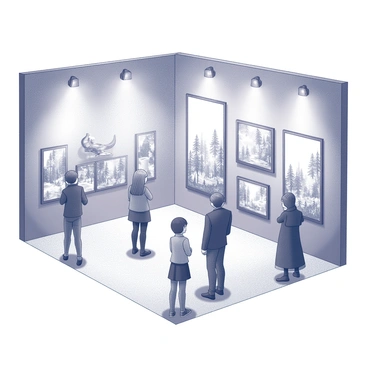 A gallery interior showcasing an exhibit of illustrations. The walls are adorned with a variety of intricate drawings depicting scenes from fantasy and fairy tales. Each illustration includes fantastical creatures, enchanted forests, and mystical castles. There are spotlighted frames illuminating the artwork, and visitors are walking around, observing and discussing the pieces. The atmosphere is filled with curiosity and wonder as attendees engage with the imaginative themes presented in the illustrations.
