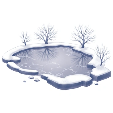 A pond partially covered with ice displays areas of clear water. The ice has a smooth surface with intricate cracks visible throughout. Around the pond, a layer of fresh snow blankets the ground and collects on overhanging branches of nearby trees. The snow looks fluffy and untouched in some areas, while the edges of the pond show a slight melting where the water is exposed. A few scattered footprints in the snow hint at the presence of wildlife that has passed through.