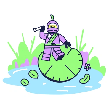 A Ninjago character is depicted mid-action as they gracefully land on a lily pad in a pond. The character is wearing a detailed ninja outfit, complete with a mask and weapon. The lily pad is large and round, with a textured surface, while the pond is surrounded by softly rippling water. Various green leaves and small flowers float nearby, creating a serene environment. In the background, hints of greenery and distant trees are visible, framing the tranquil scene.