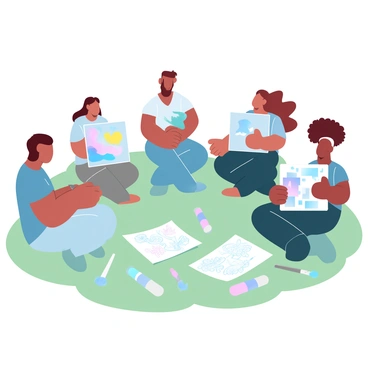 A group of five artists is sitting in a circle on a grassy area. Each artist is showcasing a different art piece. One artist has a vibrant abstract painting with bold shapes, another is holding a sculpture made of clay, while a third presents a colorful canvas filled with floral designs. The fourth artist has a series of intricate sketches laid out in front of them, and the last artist is displaying a mixed media piece that combines photography and paint. Surrounding them are art supplies, such as brushes and paint tubes, scattered on the ground. The scene is lively and visually engaging.