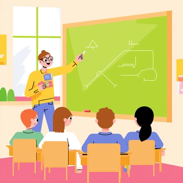 A 3D cartoon teacher character stands in front of a large green chalkboard, wearing glasses and a colorful sweater. The teacher is pointing to a diagram drawn on the board with chalk. In front of the teacher, a group of three cartoon-style students sits at wooden desks, paying close attention. The students have varied hairstyles and expressions of curiosity. The classroom has bright, cheerful colors, with educational posters on the walls and a window letting in warm sunlight.