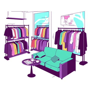 A boutique filled with racks of colorful, stylish clothes neatly arranged throughout the store. The racks display a variety of garments in different styles and sizes. In the center of the boutique, there is a cozy lounge area featuring a plush, teal sofa with soft cushions. Nearby, a small round table holds a stack of fashion magazines and a stylish tea set. The boutique is well-lit with natural light streaming through large windows, enhancing the inviting atmosphere.