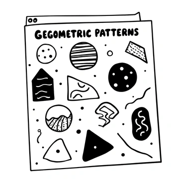 A flashcard displaying various geometric patterns composed of circles, triangles, squares, and hexagons arranged in a visually appealing layout. Each shape is filled with intricate patterns such as stripes, dots, and waves. The background features a subtle texture to enhance the visual interest of the card. The title "Geometric Patterns" is prominently placed at the top of the card in bold letters.
