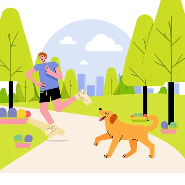 A person with short brown hair wearing a blue t-shirt and black shorts is running energetically through a lush green park. Next to them, an excited golden retriever with a wagging tail is keeping pace, its tongue out and fur glistening in the sunlight. The park features numerous tall trees with bright green leaves and colorful flowerbeds lining the path. In the background, a clear blue sky and fluffy white clouds add to the vibrant atmosphere of the scene.