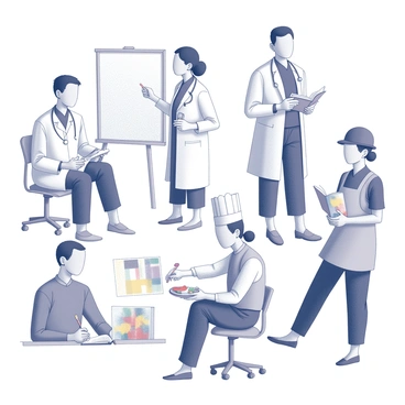 A collage featuring various individuals engaged in different professions. One person is shown as a doctor, wearing a white coat and stethoscope, examining a patient. Another individual is depicted as a teacher, standing in front of a chalkboard and holding a book. A chef is illustrated in a kitchen setting, wearing a chef's hat and apron, preparing a dish. Nearby, an artist is seen at an easel, painting a colorful canvas. A construction worker is shown wearing a hard hat and safety vest, holding tools at a construction site. Each person is represented with detailed features, emphasizing their profession and activity.