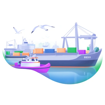 A tugboat is positioned alongside a large bunker barge as it approaches a bustling port. The tugboat is shown with bright colors, featuring a white hull and a red cabin, while the bunker barge is larger, with a dark blue and gray exterior. In the background, various cargo ships and fishing boats can be seen, alongside a busy dock filled with containers. Seagulls are flying overhead, adding to the lively maritime atmosphere. The water is calm, reflecting the activity of the port and the vessels nearby.