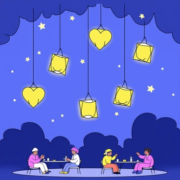 A collection of glowing lanterns gently floating in the evening sky. The lanterns are various shapes, including round, square, and heart-shaped, each with a warm golden light emanating from within. Below the lanterns, silhouettes of trees are visible against a darkening blue sky. A few stars begin to twinkle as the sun sets, creating a calm atmosphere. The ground is dotted with small tables and happy festival-goers enjoying the festivities.