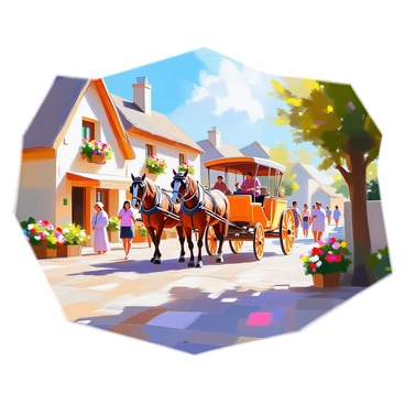 A picturesque scene depicting a horse-drawn carriage moving slowly along a cobblestone path in a quaint village. The carriage is made of polished wood with ornate details and is pulled by a strong brown horse. On either side of the path, charming cottages with thatched roofs and colorful flower boxes can be seen, each cottage framed by lush greenery and vibrant flowers. A few villagers are seen engaging in daily activities, such as carrying baskets and chatting on the street. The sky is clear blue, and the sun casts gentle shadows, creating a warm and inviting atmosphere in the village.