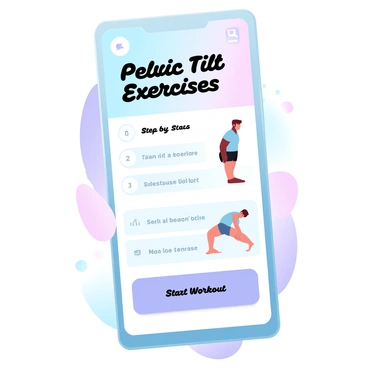 A mobile app demo page is displayed on a smartphone screen with a vibrant gradient pastel background. The page showcases a tutorial for pelvic tilt exercises, featuring a large title that reads "Pelvic Tilt Exercises" in a clear, modern font at the top. Below the title, there are step-by-step instructions outlined in numbered circles, each accompanied by simple icons illustrating the movements. To the side of the instructions, there is a graphic of a person demonstrating the pelvic tilt exercise in a side view perspective, emphasizing proper posture. At the bottom of the page, there is a bright button labeled "Start Workout" inviting users to begin the tutorial.