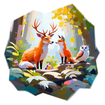 A linogravure illustration featuring a diverse array of forest animals situated among thick, vibrant foliage. The scene includes a majestic deer with antlers, a playful red fox, and a wise owl perched on a branch. Various smaller creatures, such as a curious rabbit and colorful birds, can be seen peeking through the leaves. The background is rich with dense greenery, showcasing a mix of large ferns and towering trees, creating a lively and intricate atmosphere in the heart of the forest.
