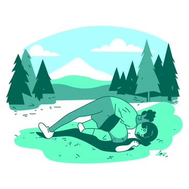 A teal person is performing bicycle crunches on a grassy area by the edge of a white lake. The person has a focused expression, with one leg extended and the other knee pulled towards their chest. In the background, the surface of the lake reflects the clear sky, and a few white clouds float above. Surrounding the lake are green trees, providing a natural frame to the scene. The sun is low in the sky, casting soft shadows on the ground.
