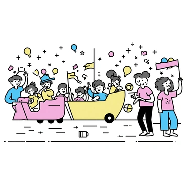 A joyful parade with colorful floats, performers, and families enjoying the festive atmosphere.