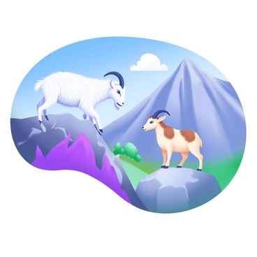 A pair of mountain goats scaling steep, rocky peaks under a clear blue sky. The first goat, with a shaggy white coat and curved horns, is confidently traversing a jagged ledge. The second goat, slightly smaller, has a lighter coat with patches of brown and is perched on a boulder, looking out over the expansive landscape. In the background, the rugged mountains rise sharply, and a few sparse patches of green vegetation can be seen along the steep terrain. The sunlight casts distinct shadows, highlighting the textures of the rocks and the fur of the goats.