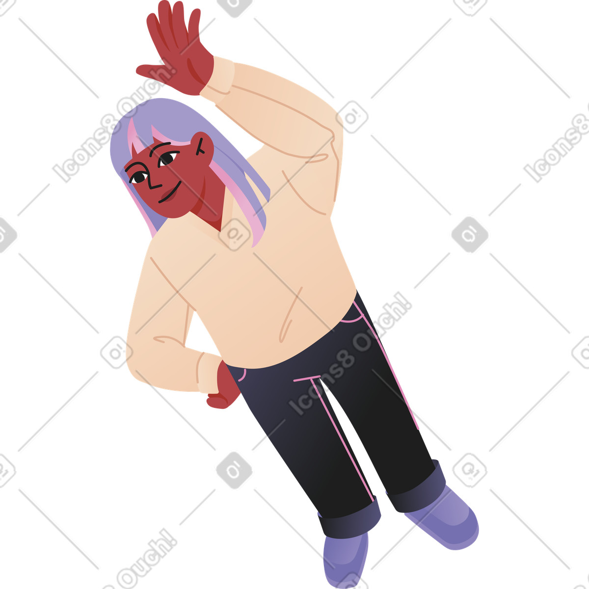 Ilustración Mujer joven agitando su mano vista superior en estilo Coworking a descargar en PNG y SVG