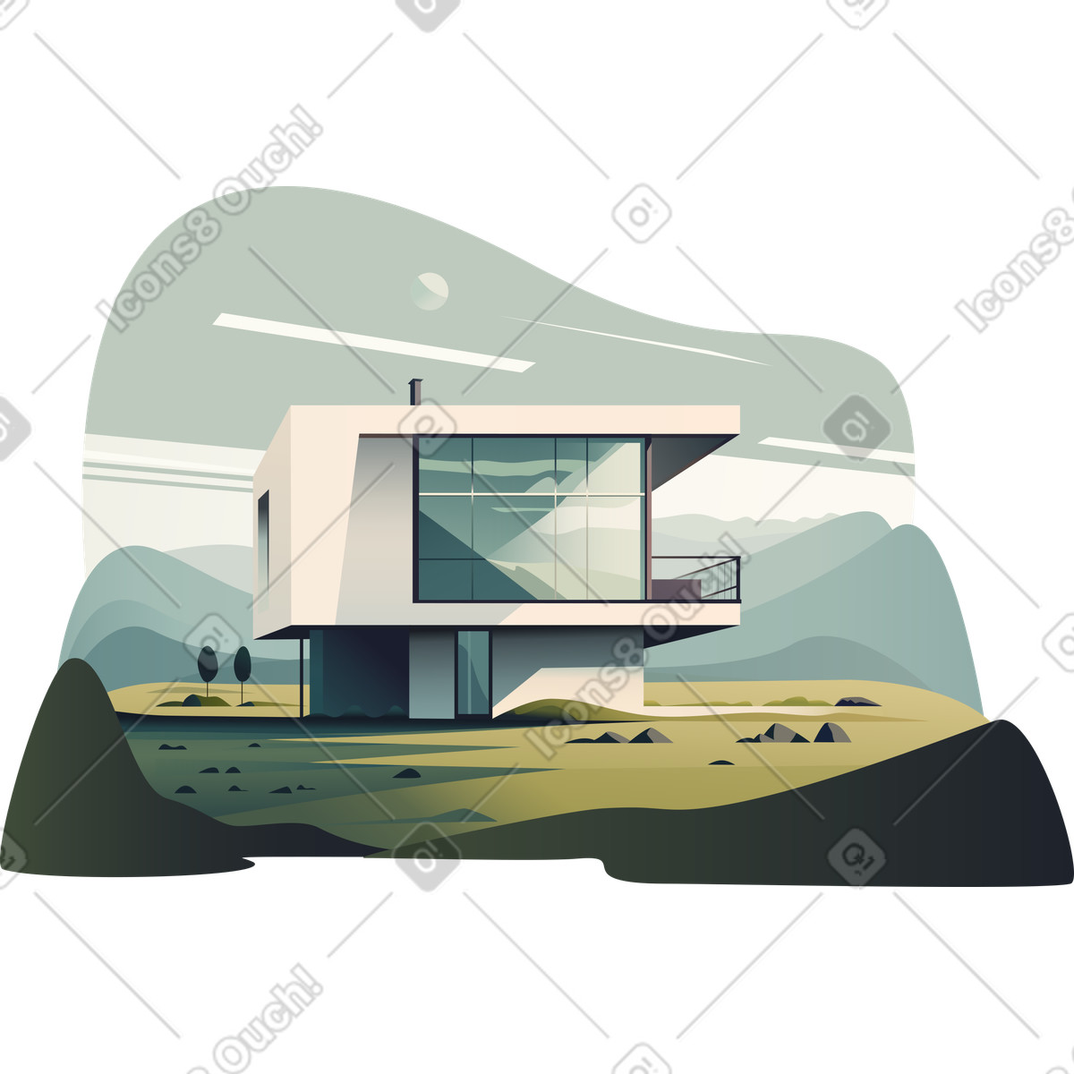 Modern house with a backdrop of hills illustration in Experimental style download in PNG, SVG