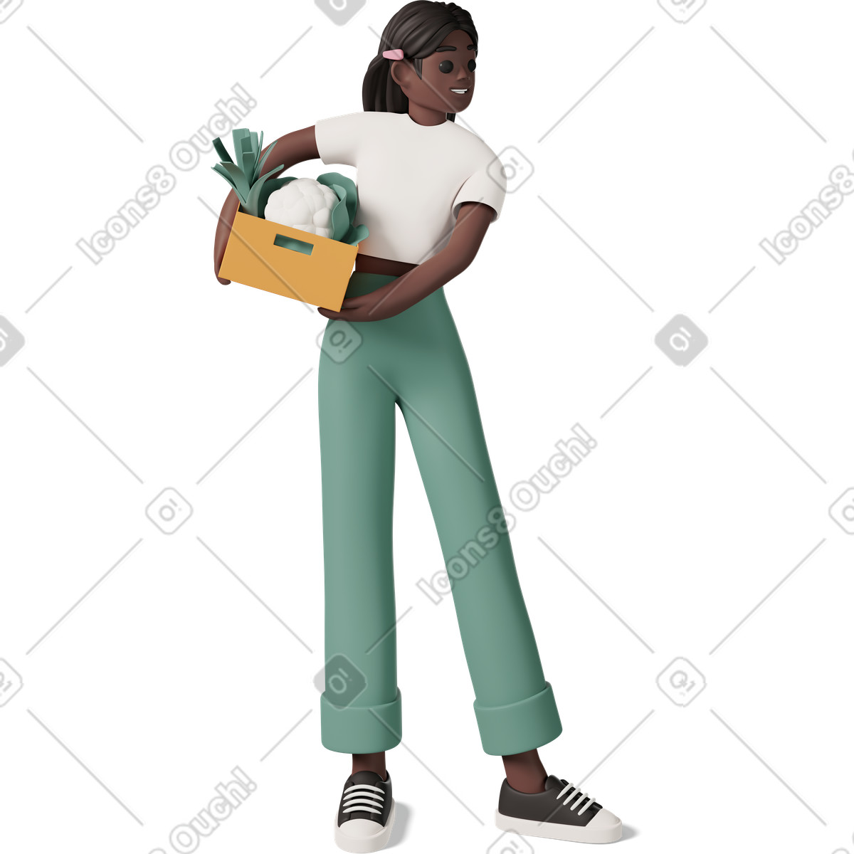 Black girl holding box of vegetables illustration in PNG, SVG