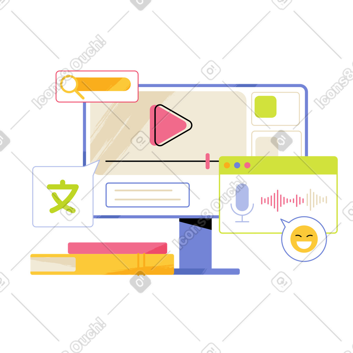 Computer screen with video player, online language learning platform illustration in Juicy style download in PNG, SVG