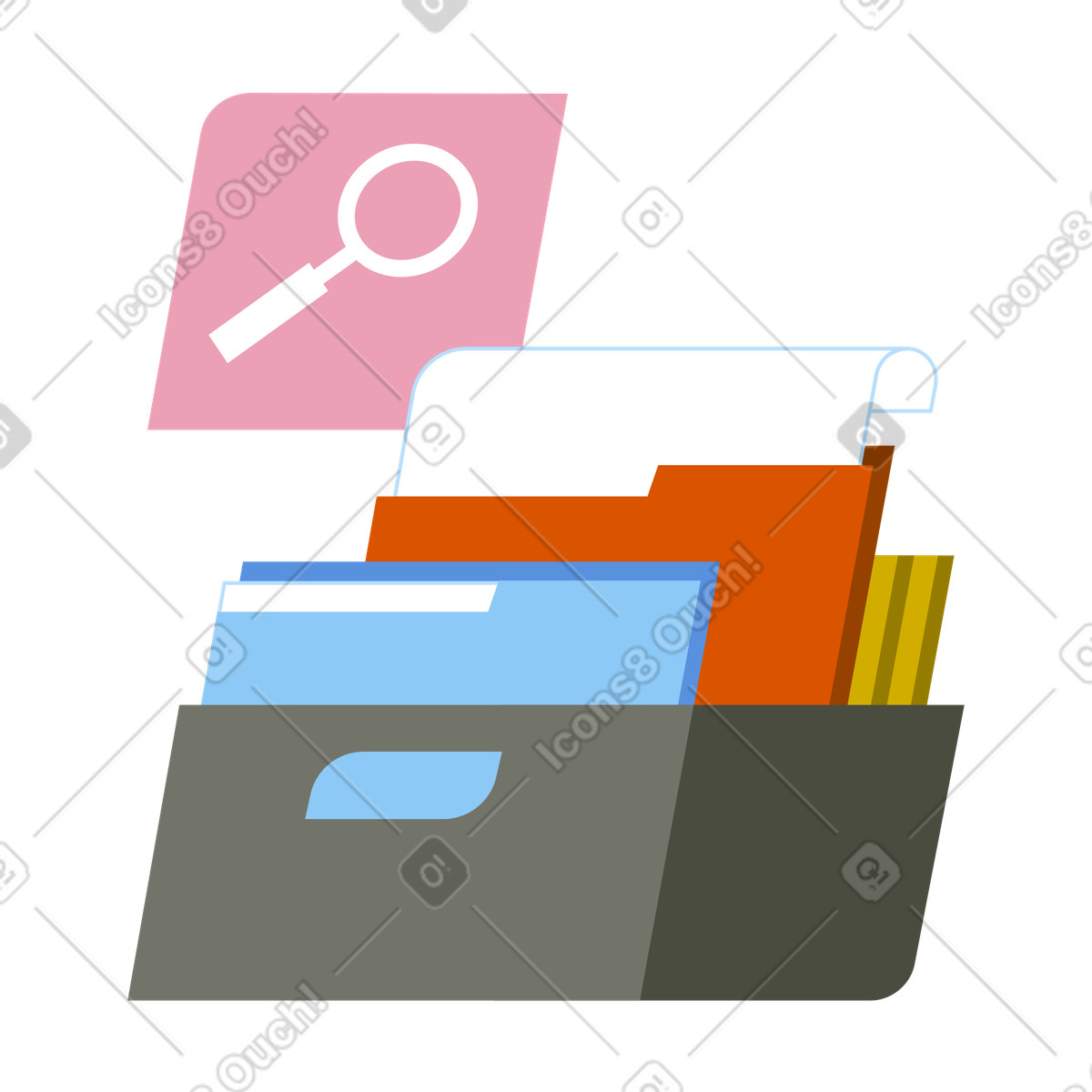 Ordner und dateien mit der lupe durchsuchen, workflow zur dateifindung, informationssuche -abruf-Illustration im Vector-Stil als Download in PNG, SVG