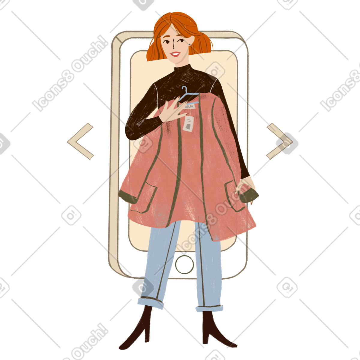 Lumiere 스타일의 Girl online shopping choosing clothes on a phone 일러스트레이션 PNG, SVG 다운로드