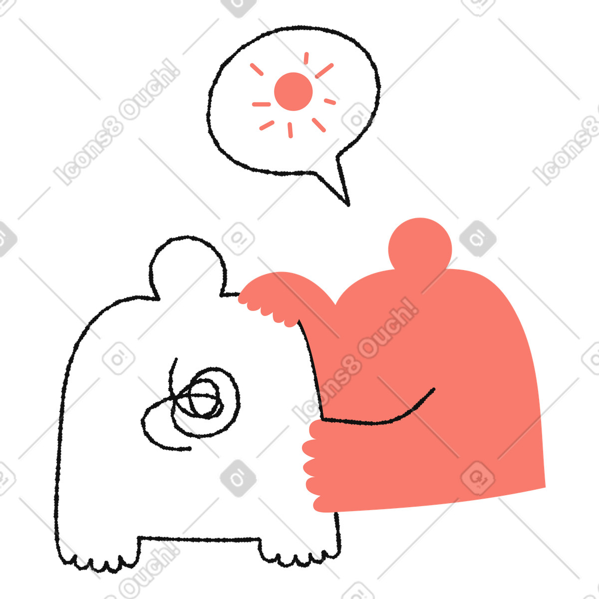 Bold People スタイルの Emotional support friend consoling worried character with positive sun idea のイラストをPNG、SVG形式でダウンロード