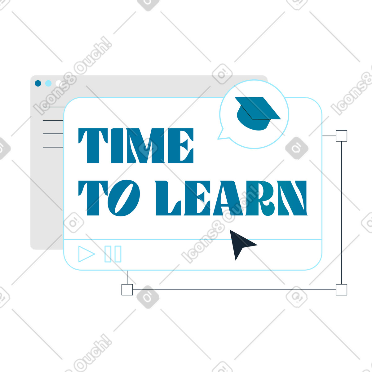 Educational video window with Time to learn text, Distance learning promotion illustration in Indigo style download in PNG, SVG