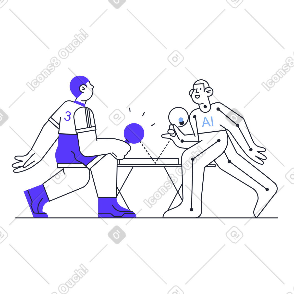 Uomo che gioca a ping-pong contro un androide ai illustrazione in stile Pablita scarica in PNG, SVG