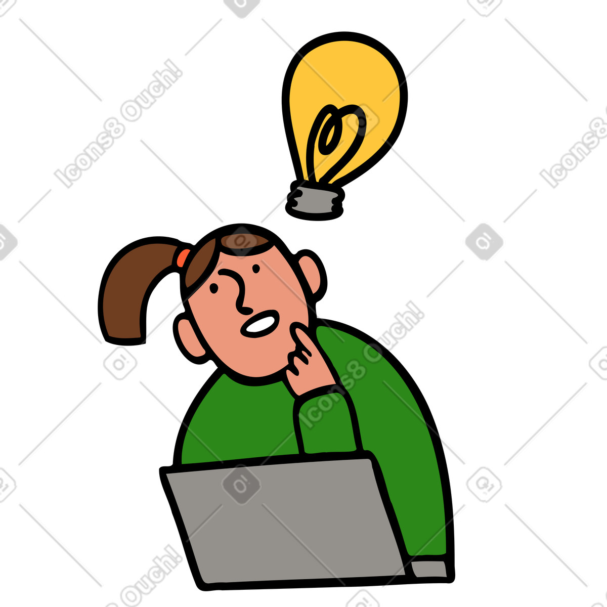 Frau hat idee beim arbeiten am laptop-Illustration im Comic-Stil als Download in PNG, SVG