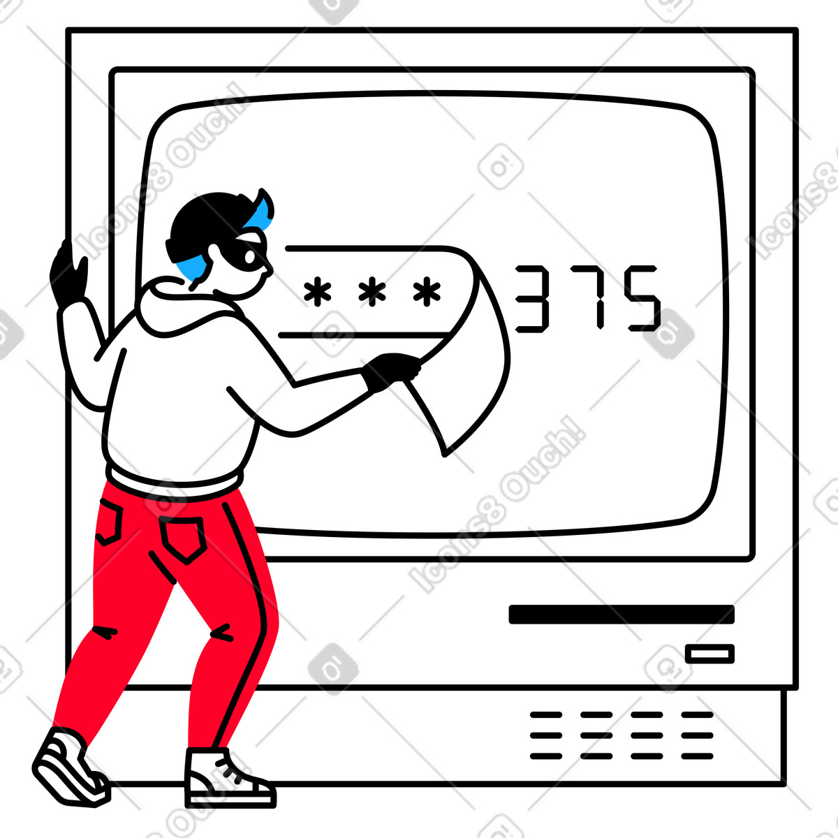 Ladro con maschera, guanti e cappello ruba la password da un computer illustrazione in stile Transistor scarica in PNG, SVG