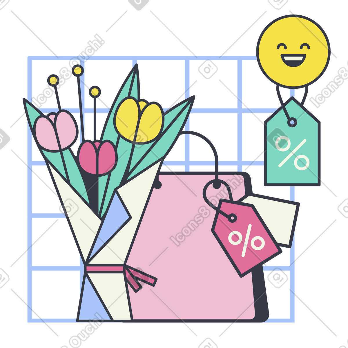 Bouquet and shopping bag with discount tags, Flower shop promotion or seasonal sale illustration in Abstract style download in PNG, SVG