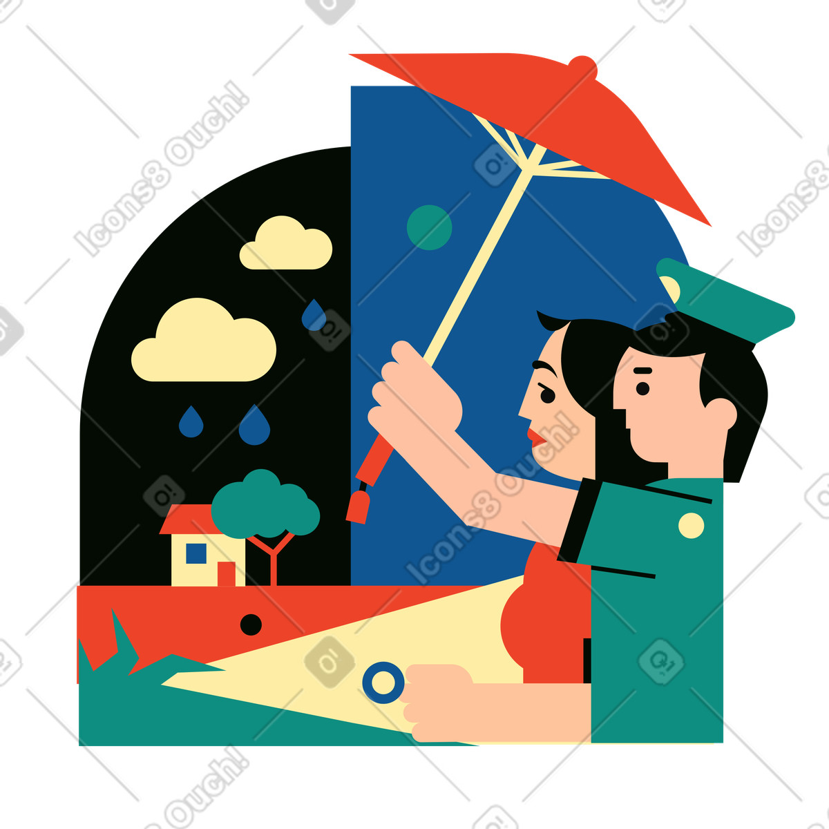 Polar スタイルの 傘をさして女性を雨から守る警官 のイラストをPNG、SVG形式でダウンロード