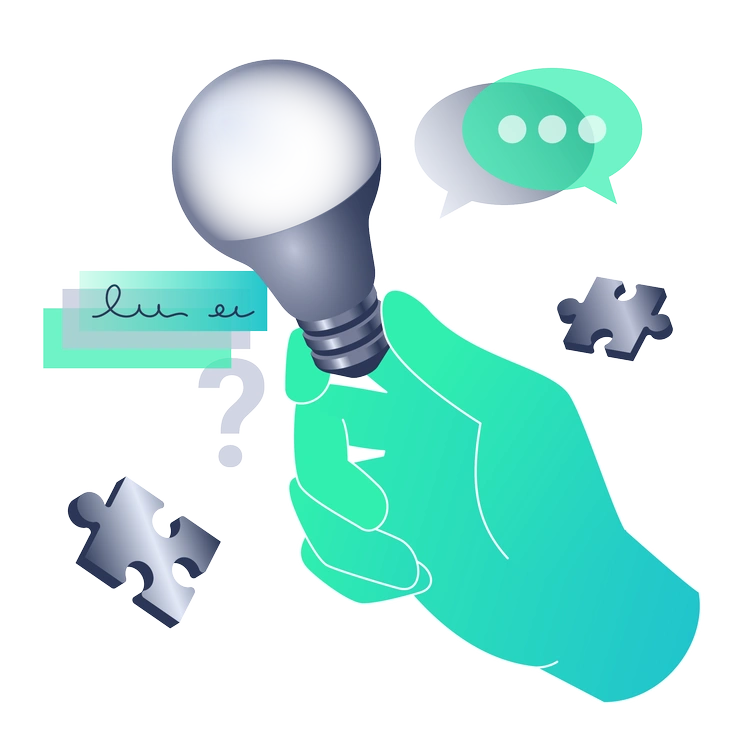 A hand holding a light bulb with speech bubbles - Lucent style illustration