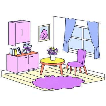 A room with soft pastel walls and a light wooden floor. There is a small round table in the center, with a slightly tilted vase filled with colorful flowers. A chair is pushed back slightly from the table. On a shelf, a few books are stacked unevenly, with one book dangling over the edge. In one corner, a picture frame hangs at an angle, displaying an abstract painting. A plush rug is askew on the floor, with one corner lifted. The window curtains are gently swaying as if disturbed by an unseen presence.